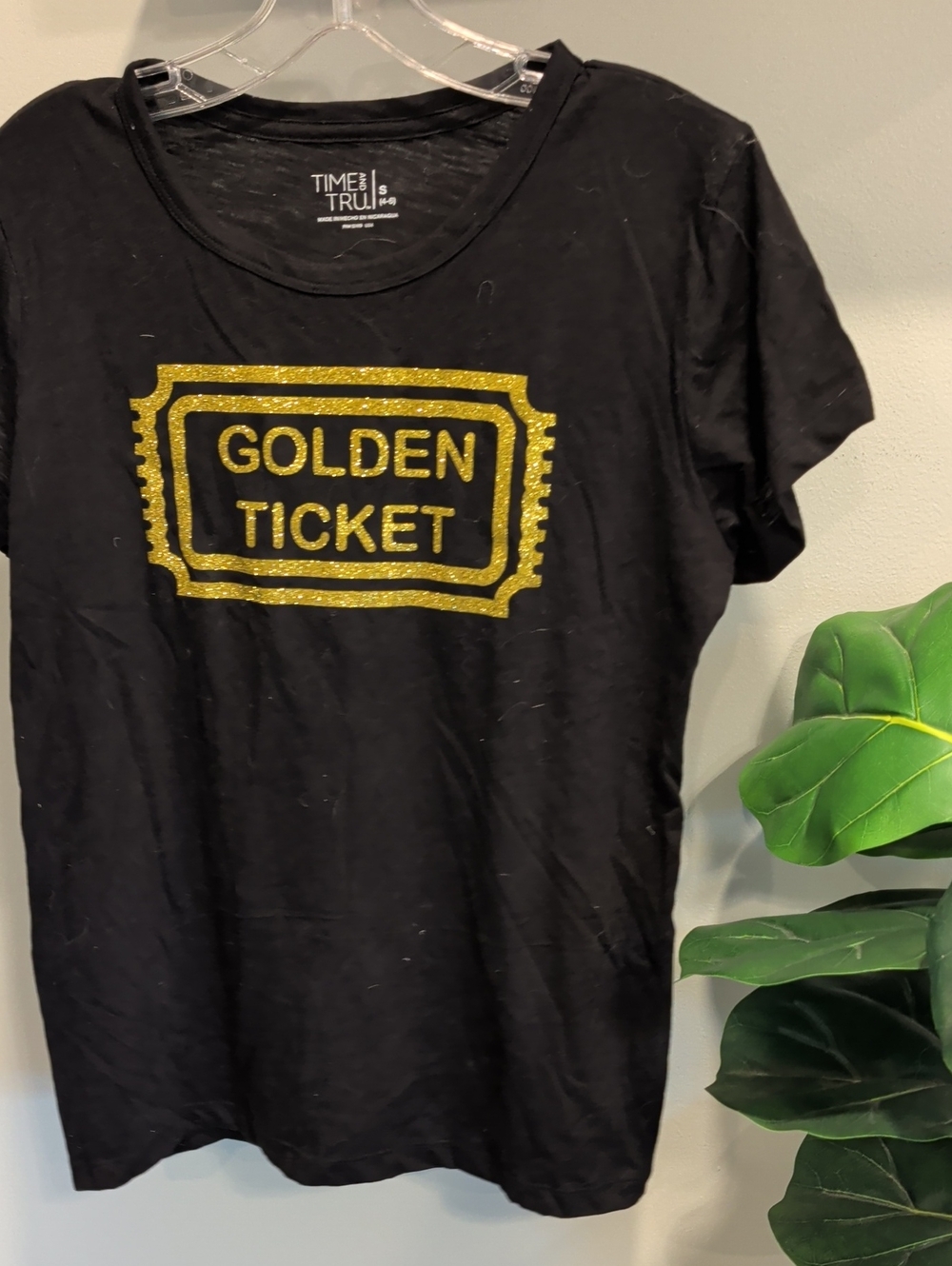 Time and Tru Black Tee with Gold Glitter 'Golden Ticket' Graphic
